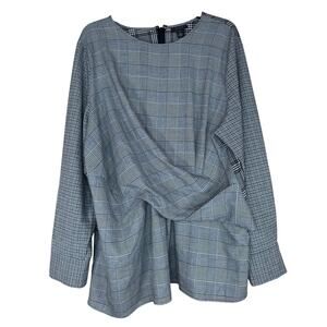 Halogen 2X Black White Plaid Houndstooth Faux Tie Waist Shirt Long Sleeve Blouse